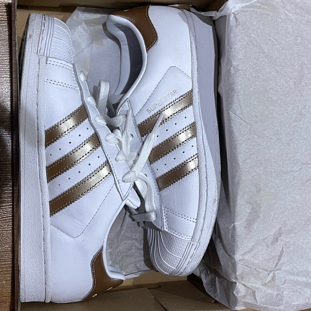 Adidas White and Gold Superstar Shoes